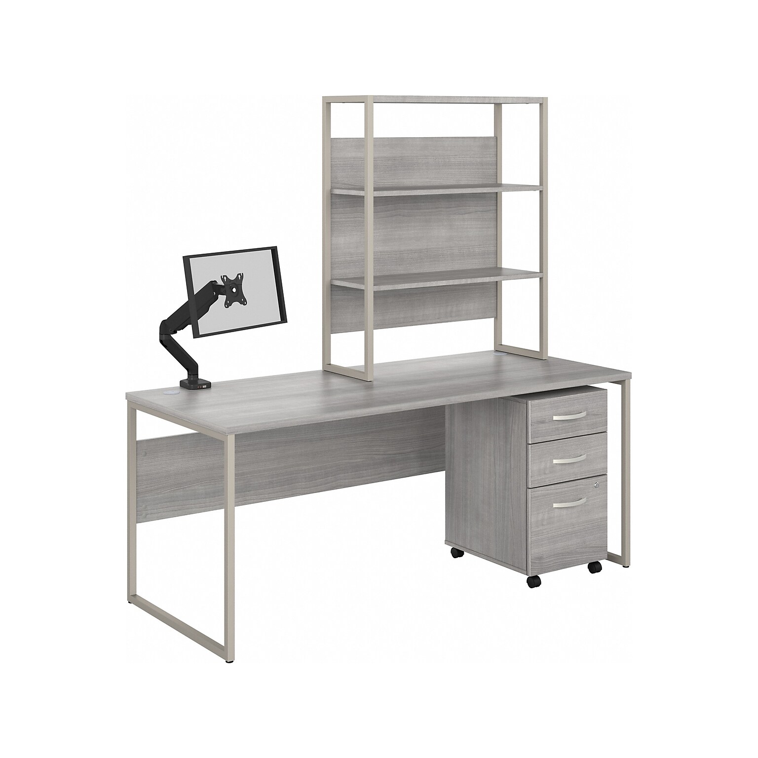 Bush Business Furniture Hybrid 72 W Computer Desk, Hutch, Mobile File Cabinet + Monitor Arm Bundle, Platinum Gray (HYB019PGSU)