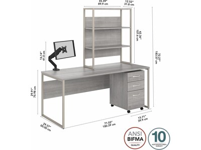 Bush Business Furniture Hybrid 72" W Computer Desk, Hutch, Mobile File Cabinet + Monitor Arm Bundle, Platinum Gray (HYB019PGSU)