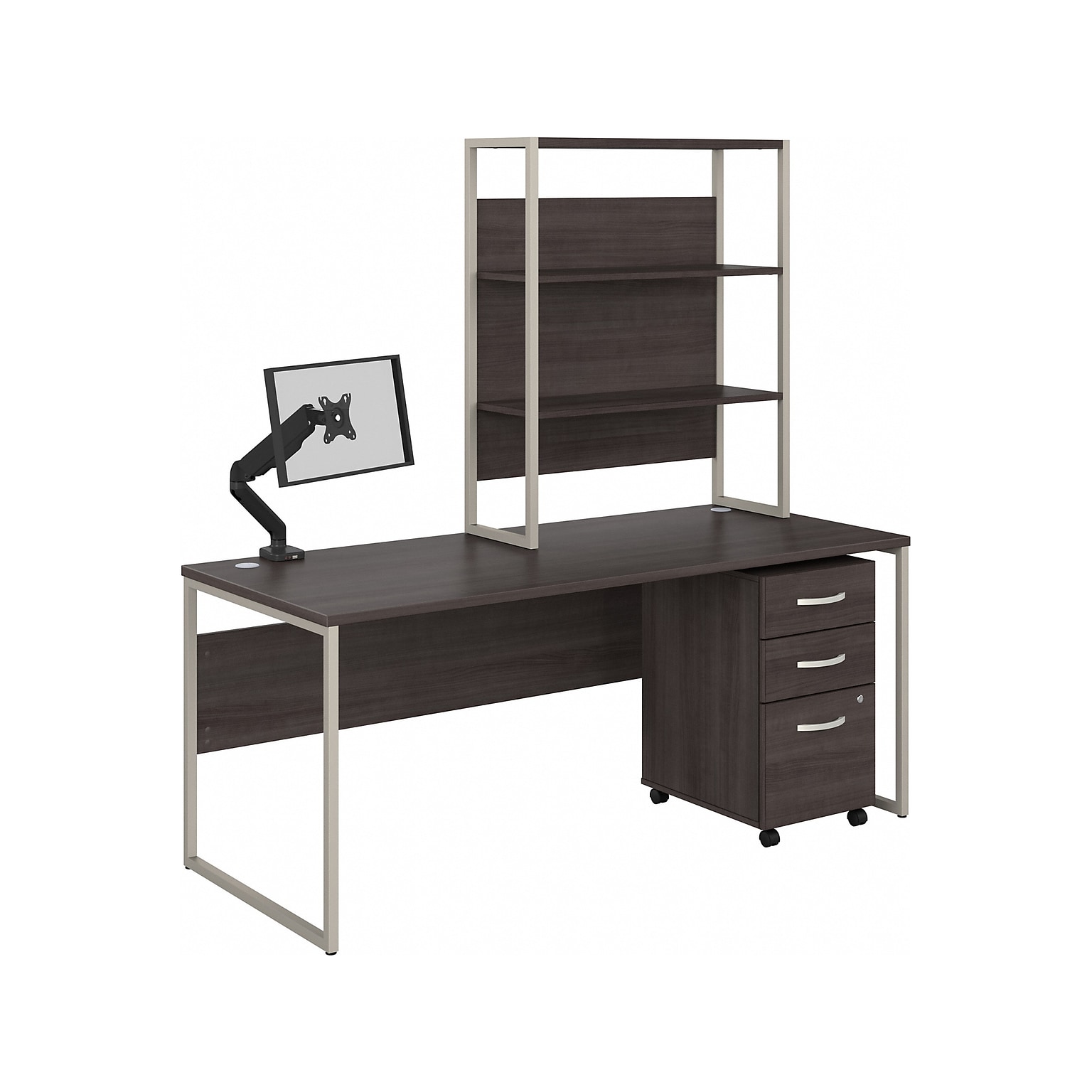 Bush Business Furniture Hybrid 72 W Computer Desk, Hutch, Mobile File Cabinet + Monitor Arm Bundle, Storm Gray (HYB019SGSU)