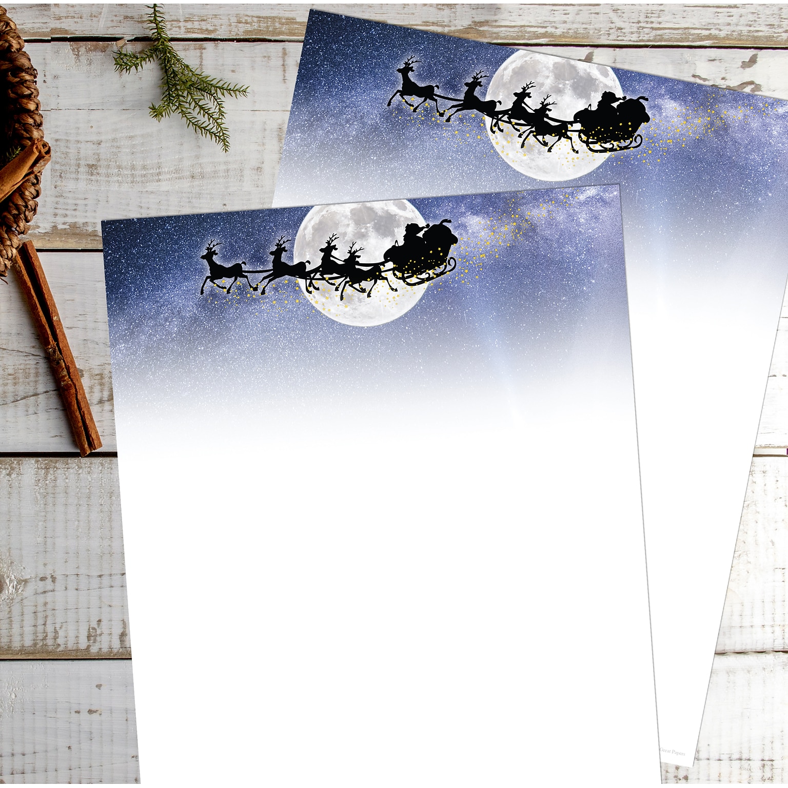 Great Papers Moonlight Santa with Sleigh and Reindeer Christmas Letterhead, White/Blue/Black, 50/Pack (2021107)