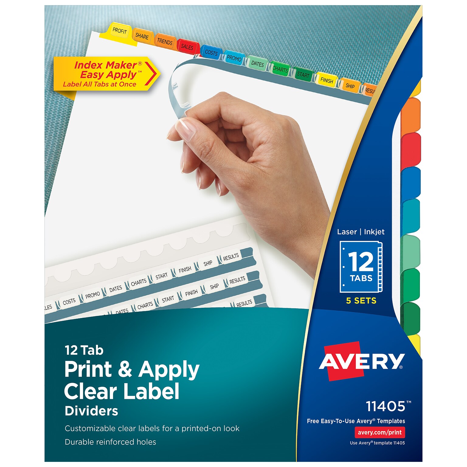 Avery Index Maker Paper Dividers with Print & Apply Label Sheets, 12 Tabs, Multicolor, 5 Sets/Pack (11405)
