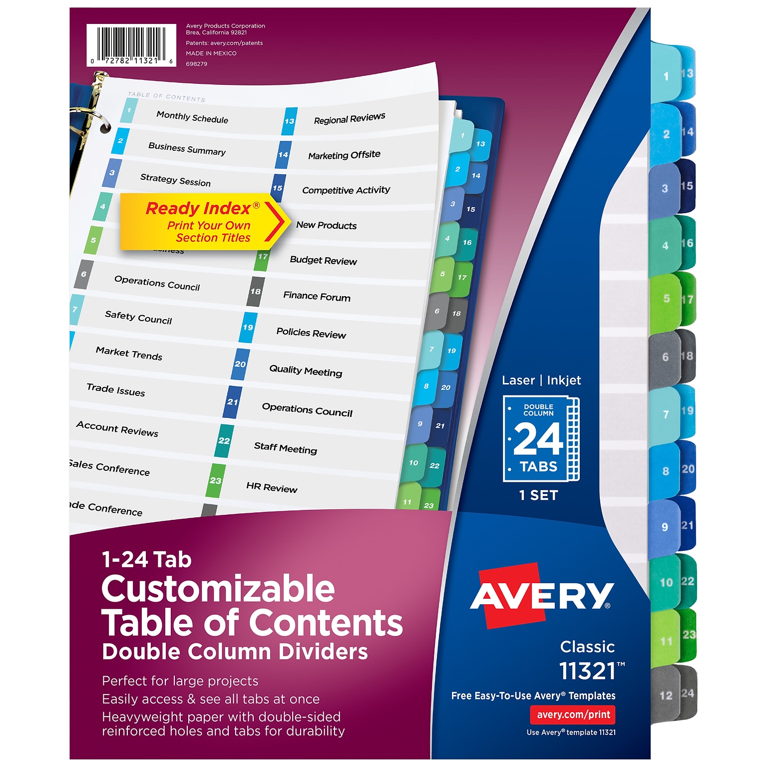 Avery Ready Index Table of Contents Double Column Paper Dividers, 1-24 Tabs, Multicolor (11321)