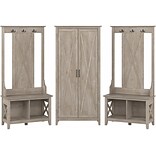 Bush Furniture Key West 66 Entryway Storage Set with Hall Tree, Shoe Bench and Tall Cabinet, Washed