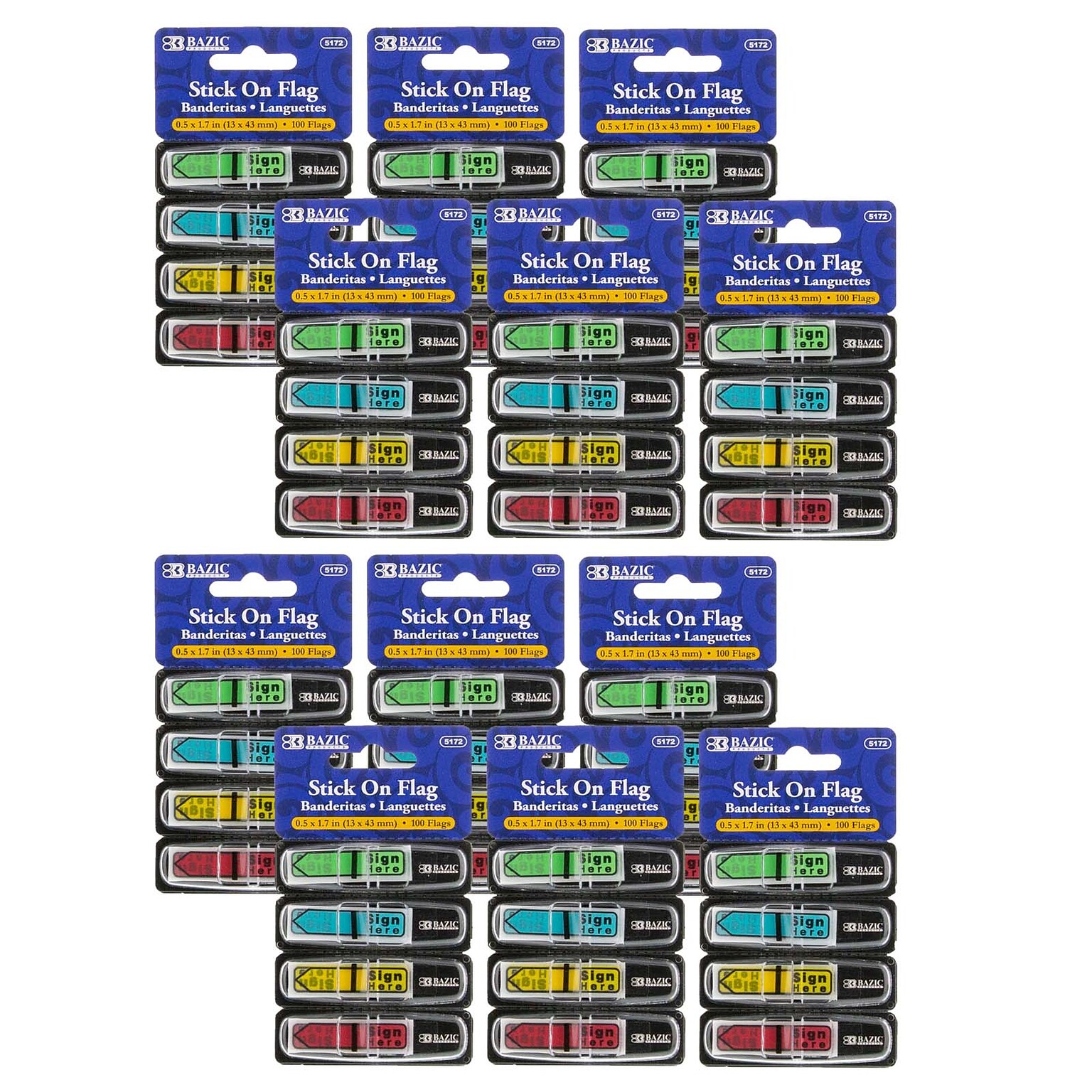 Bazic Sign Here Flags with Dispenser, 1/2 Wide, Assorted Neon, 100/Pack, 12 Packs (BAZ5172-12)