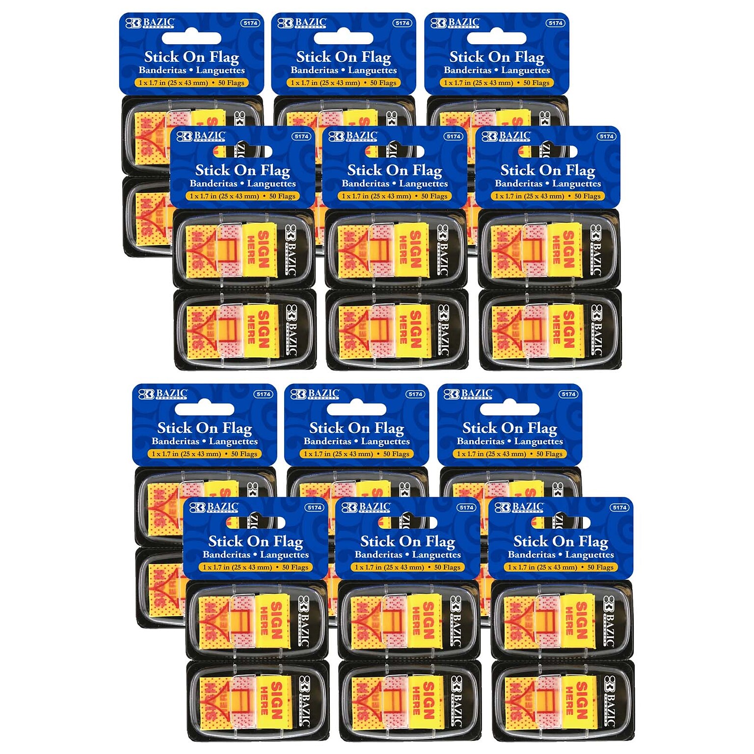 Bazic Sign Here Flags with Dispenser, 1 Wide, Yellow, 50/Pack, 12 Packs (BAZ5174-12)