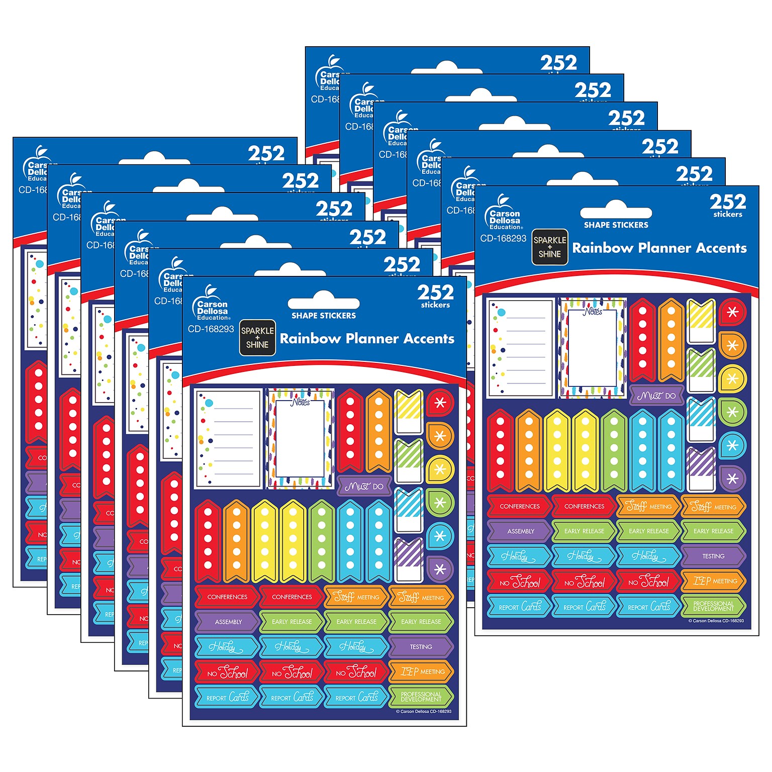 Carson Dellosa Education Sparkle + Shine Rainbow Planner Accents Sticker Pack, 252/Pack, 12 Packs (CD-168293-12)