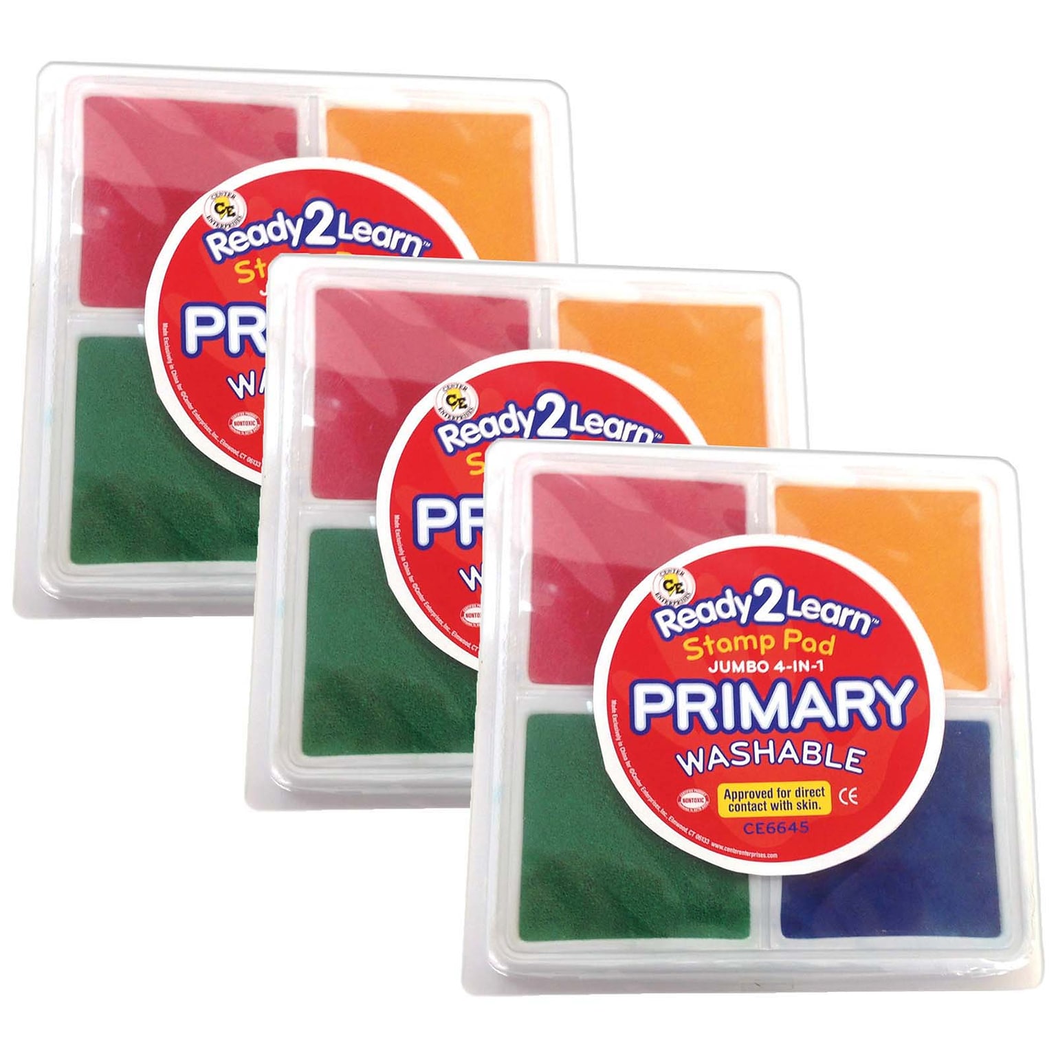 Ready 2 Learn Jumbo Washable 4-in-1 Stamp Pad, Assorted Primary Ink, 3/Pack (CE-6645-3)