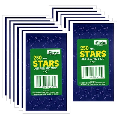 Eureka Presto-Stick Foil Star Stickers, 1/2", Blue, 250 Per Pack, 12 Packs (EU-82412-12)