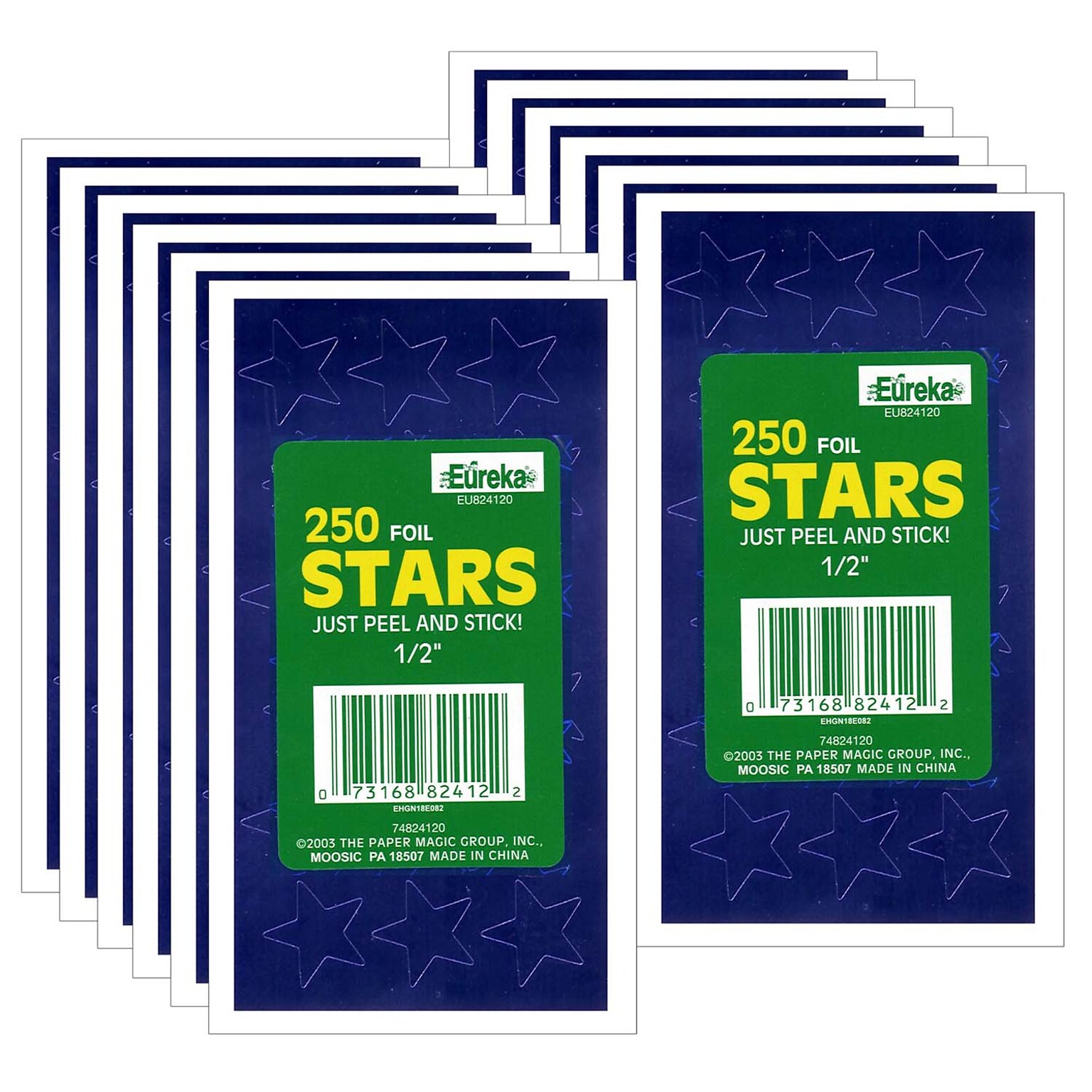 Eureka® 1/2 Presto-Stick Foil Star Stickers, Blue, 250/Pack, 12 Packs (EU-82412-12)