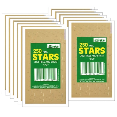 Eureka Presto-Stick Foil Star Stickers, 1/2", Gold, 250/Pack, 12 Packs (EU-82422-12)