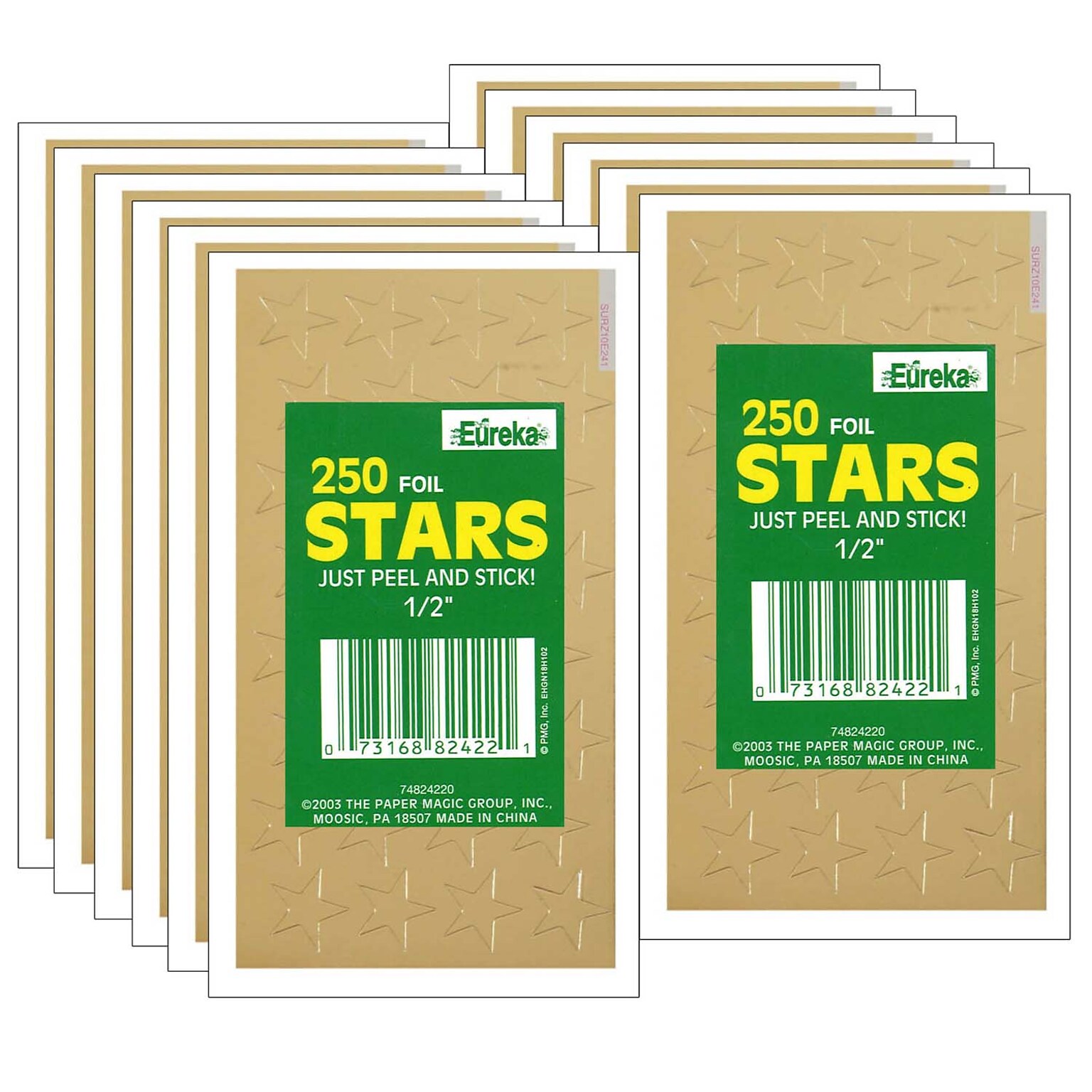 Eureka Presto-Stick Foil Star Stickers, 1/2, Gold, 250/Pack, 12 Packs (EU-82422-12)