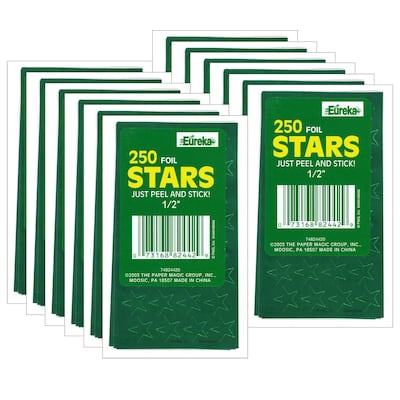 Eureka Presto-Stick Foil Star Stickers, 1/2", Green, 250 Per Pack, 12 Packs (EU-82442-12)