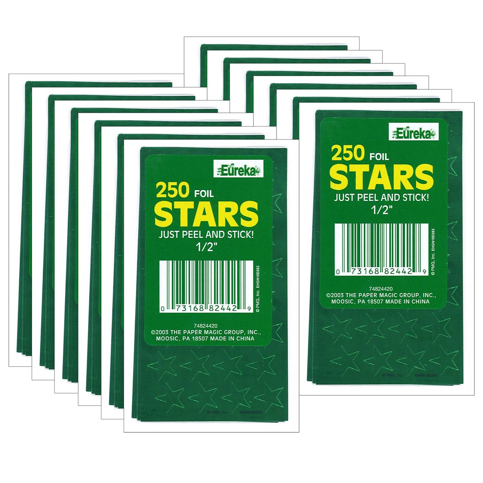 Eureka® 1/2 Presto-Stick Foil Star Stickers, Green, 250/Pack, 12 Packs (EU-82442-12)