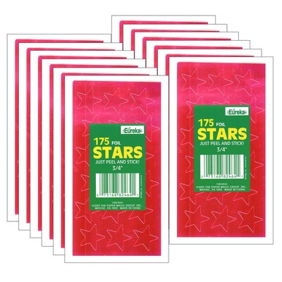 Eureka Presto-Stick Foil Star Stickers, 3/4", Red, 175 Per Pack, 12 Packs (EU-82464-12)