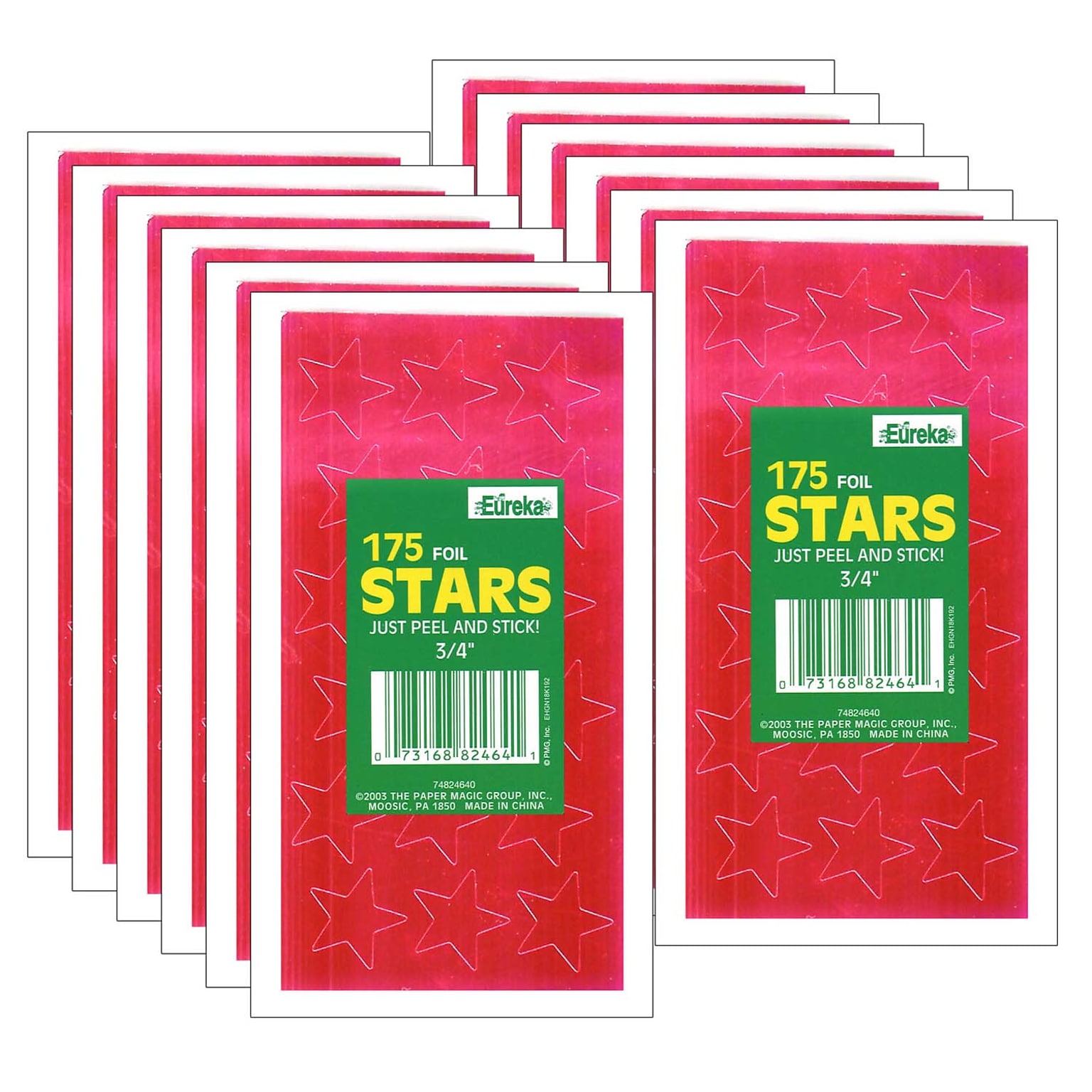 Eureka Presto-Stick Foil Star Stickers, 3/4, Red, 175 Per Pack, 12 Packs (EU-82464-12)