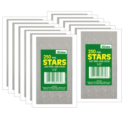 Eureka Presto-Stick Foil Star Stickers, 1/2, Silver, 250 Per Pack, 12 Packs (EU-82472-12)