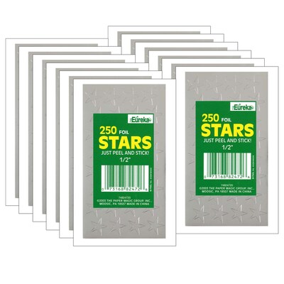 Eureka Presto-Stick Foil Star Stickers, 1/2", Silver, 250 Per Pack, 12 Packs (EU-82472-12)