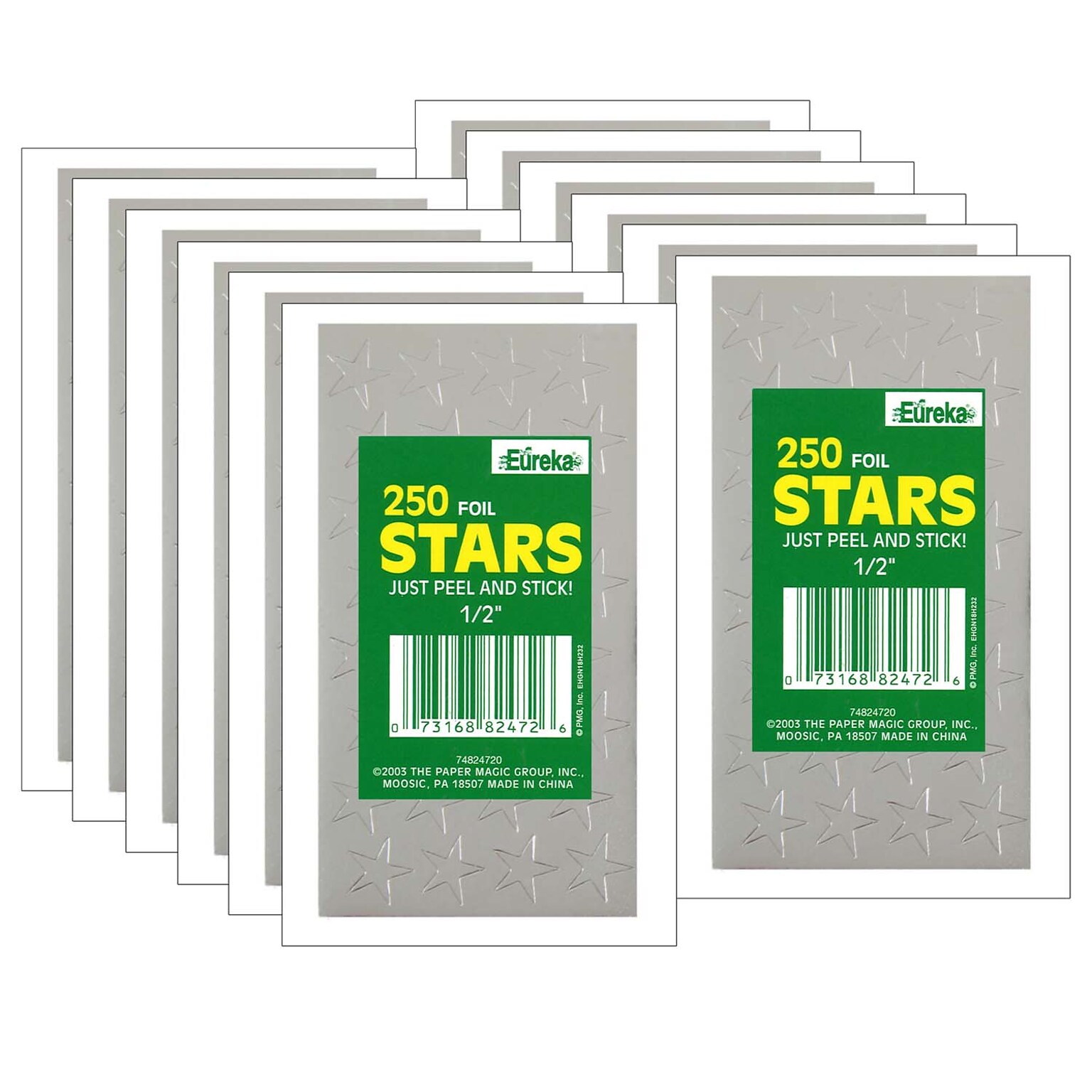 Eureka Presto-Stick Foil Star Stickers, 1/2, Silver, 250 Per Pack, 12 Packs (EU-82472-12)