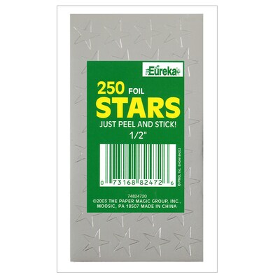 Eureka Presto-Stick Foil Star Stickers, 1/2, Silver, 250 Per Pack, 12 Packs (EU-82472-12)