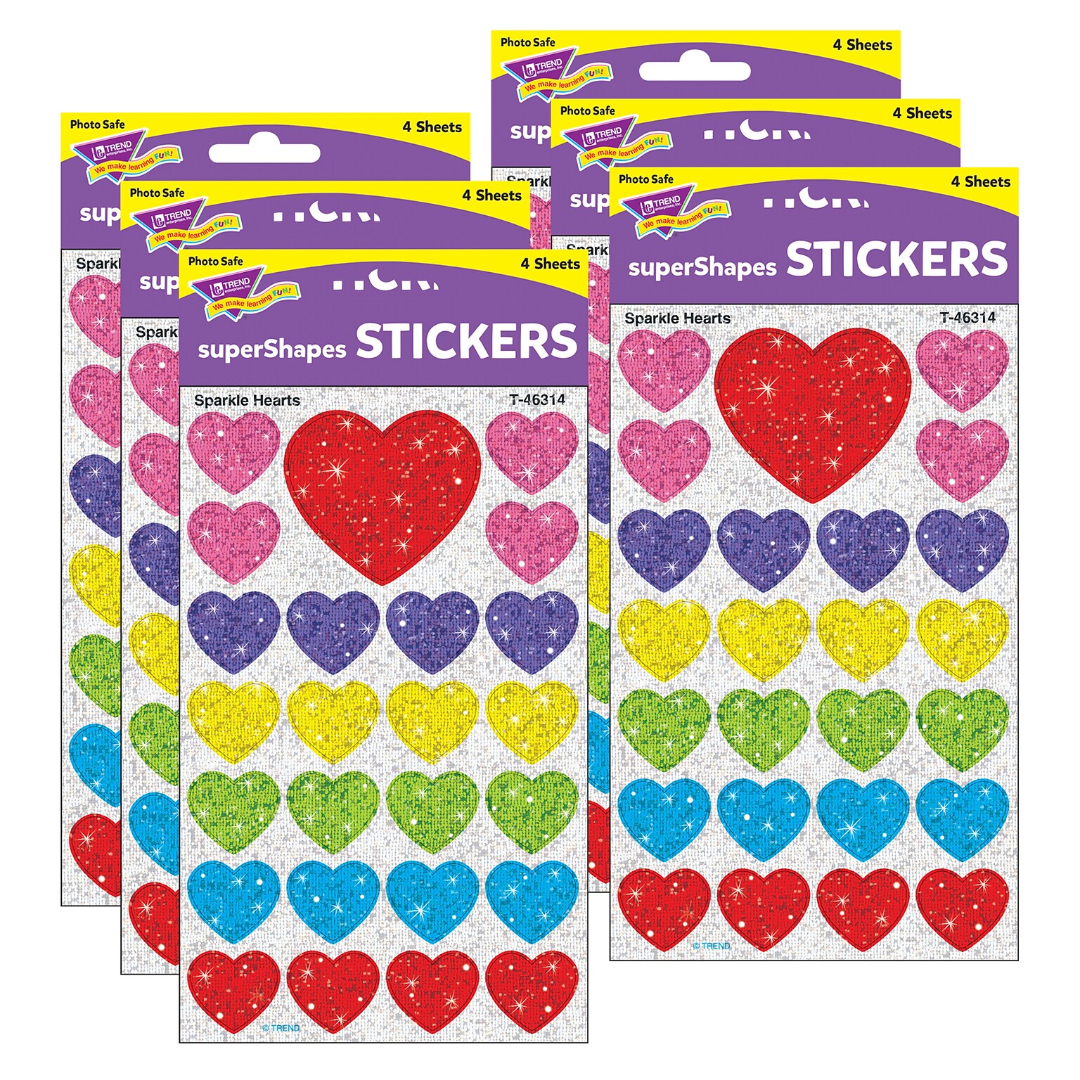 TREND Sparkle Hearts superShapes Stickers-Sparkle, 100 Per Pack, 6 Packs (T-46314-6)