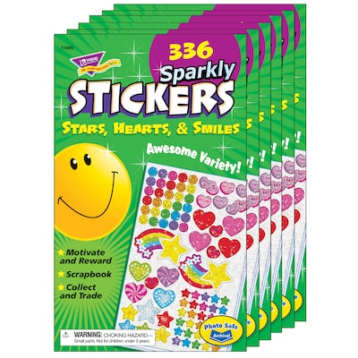 TREND Sparkly Stars, Hearts, & Smiles Sticker Pad, 336 Stickers Per Pad, 6 Pads (T-5005-6)