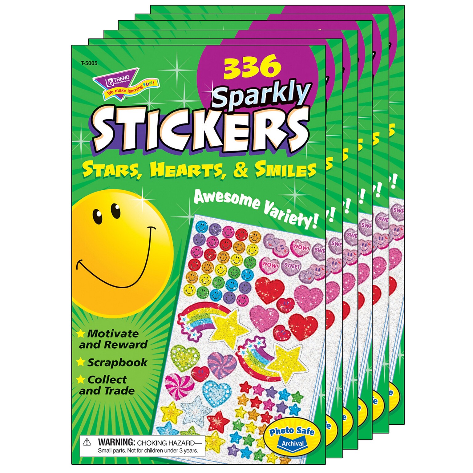 TREND Sparkly Stars, Hearts, & Smiles Sticker Pad, 336 Stickers Per Pad, 6 Pads (T-5005-6)