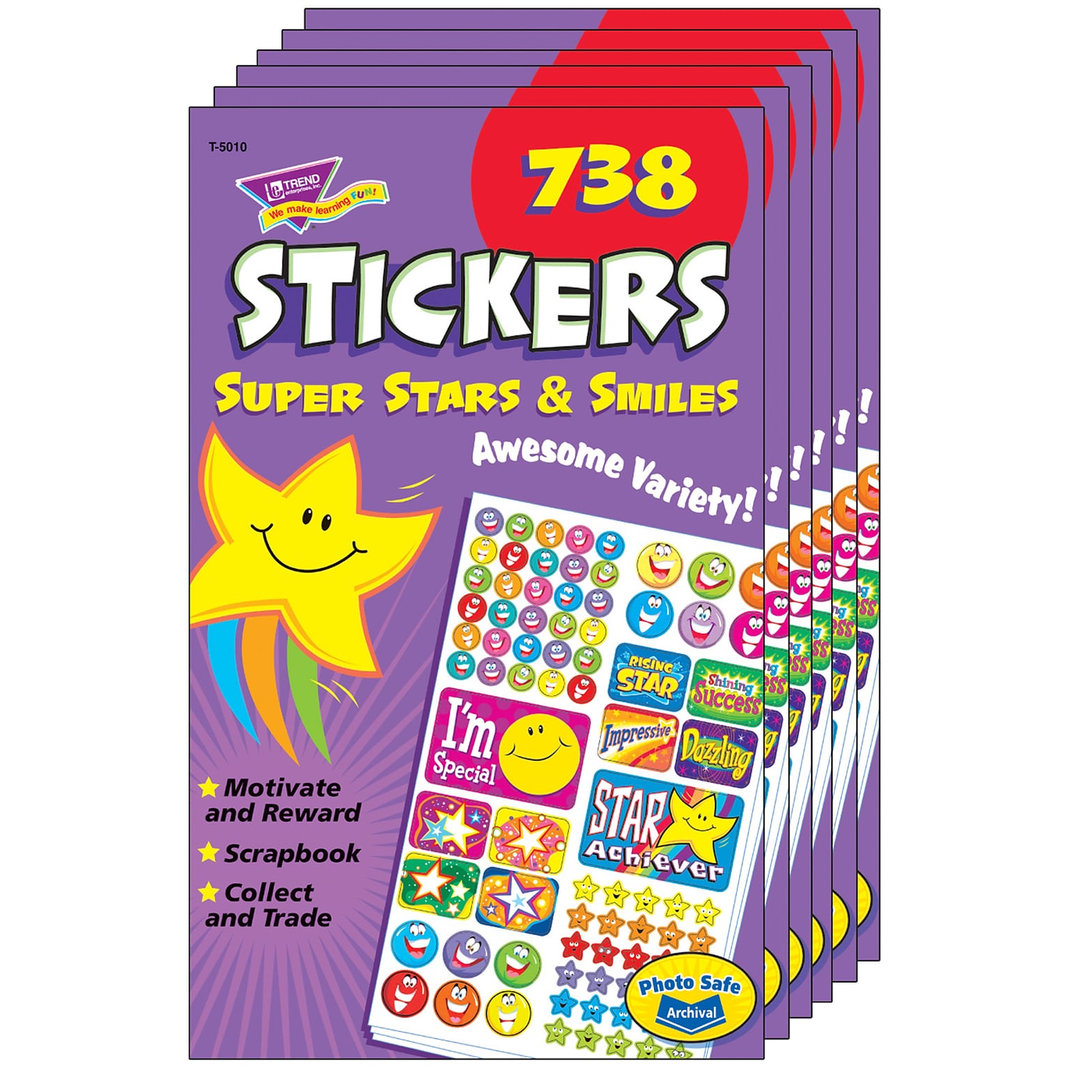 TREND Super Stars & Smiles Sticker Pad, 738 Stickers Per Pad, 6 Pads (T-5010-6)