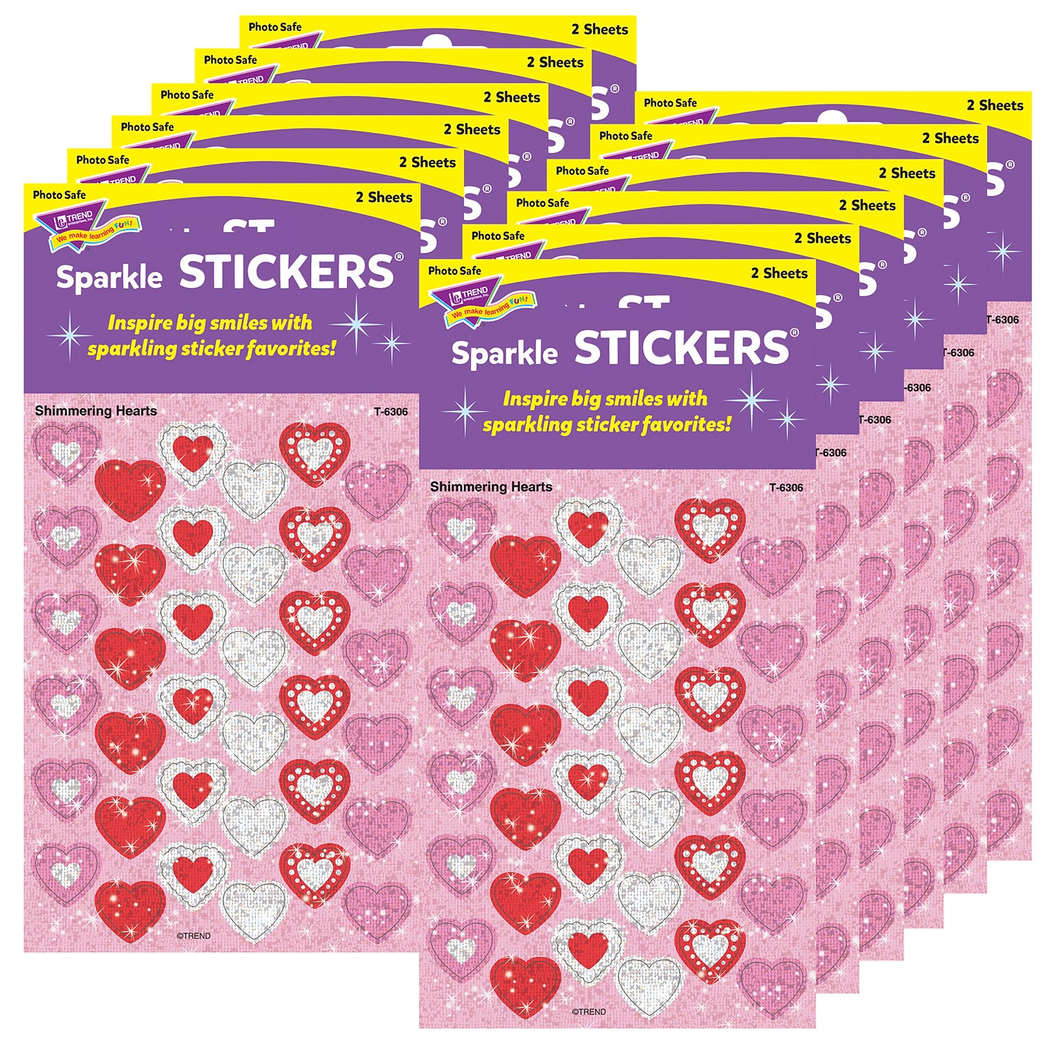 TREND Shimmering Hearts Sparkle Stickers®, 72 Per Pack, 12 Packs (T-6306-12)