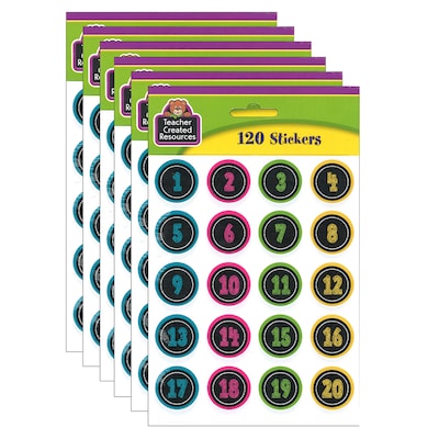 Teacher Created Resources Chalkboard Brights Numbers Stickers, 120 Per Pack, 6 Packs (TCR3841-6)