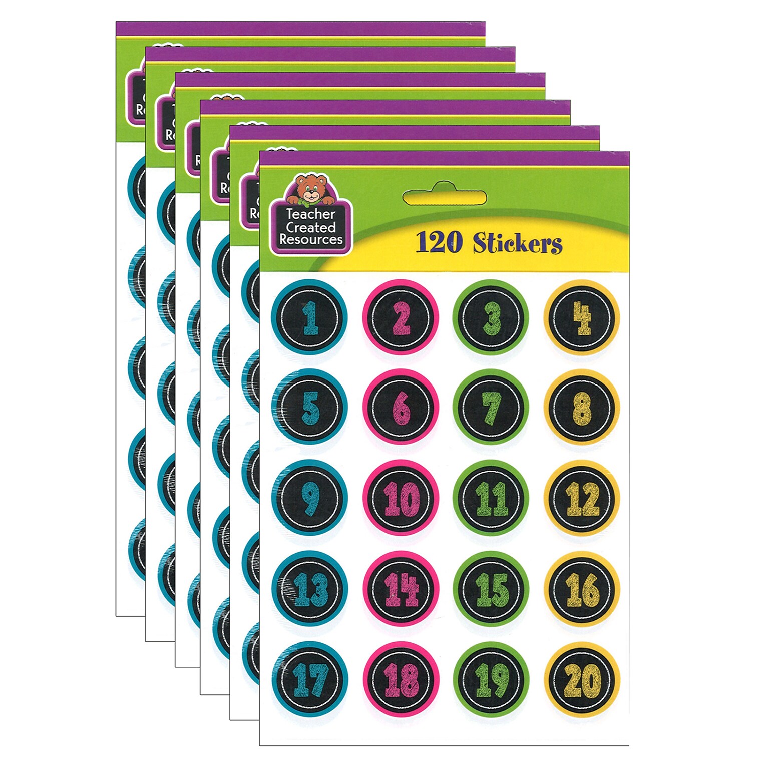 Teacher Created Resources Chalkboard Brights Numbers Stickers, 120 Per Pack, 6 Packs (TCR3841-6)