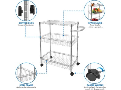 Mount-It! 3-Shelf Metal Mobile Utility Cart with Lockable Wheels, Silver (MI-7860)