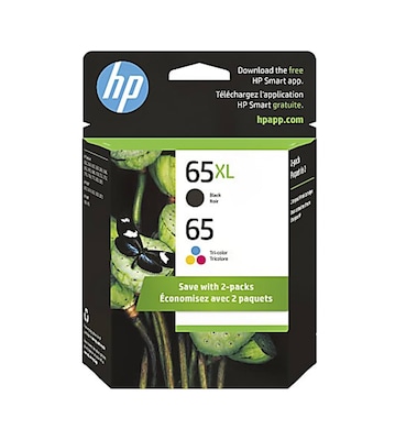 HP 65XL/65 Black High Yield and Tri-Color Standard Yield Ink Cartridge, 2/Pack (6ZD95AN)