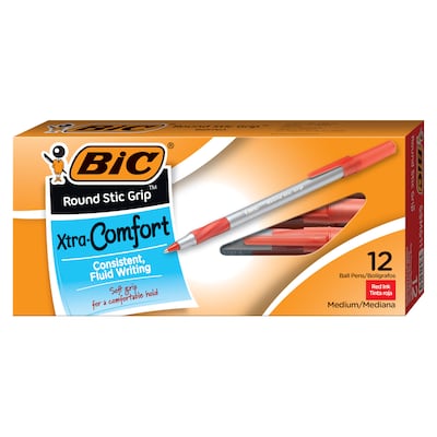 BIC Round Stic Grip Xtra Comfort Ballpoint Pens, Medium Point, Red Ink, Dozen (13889)