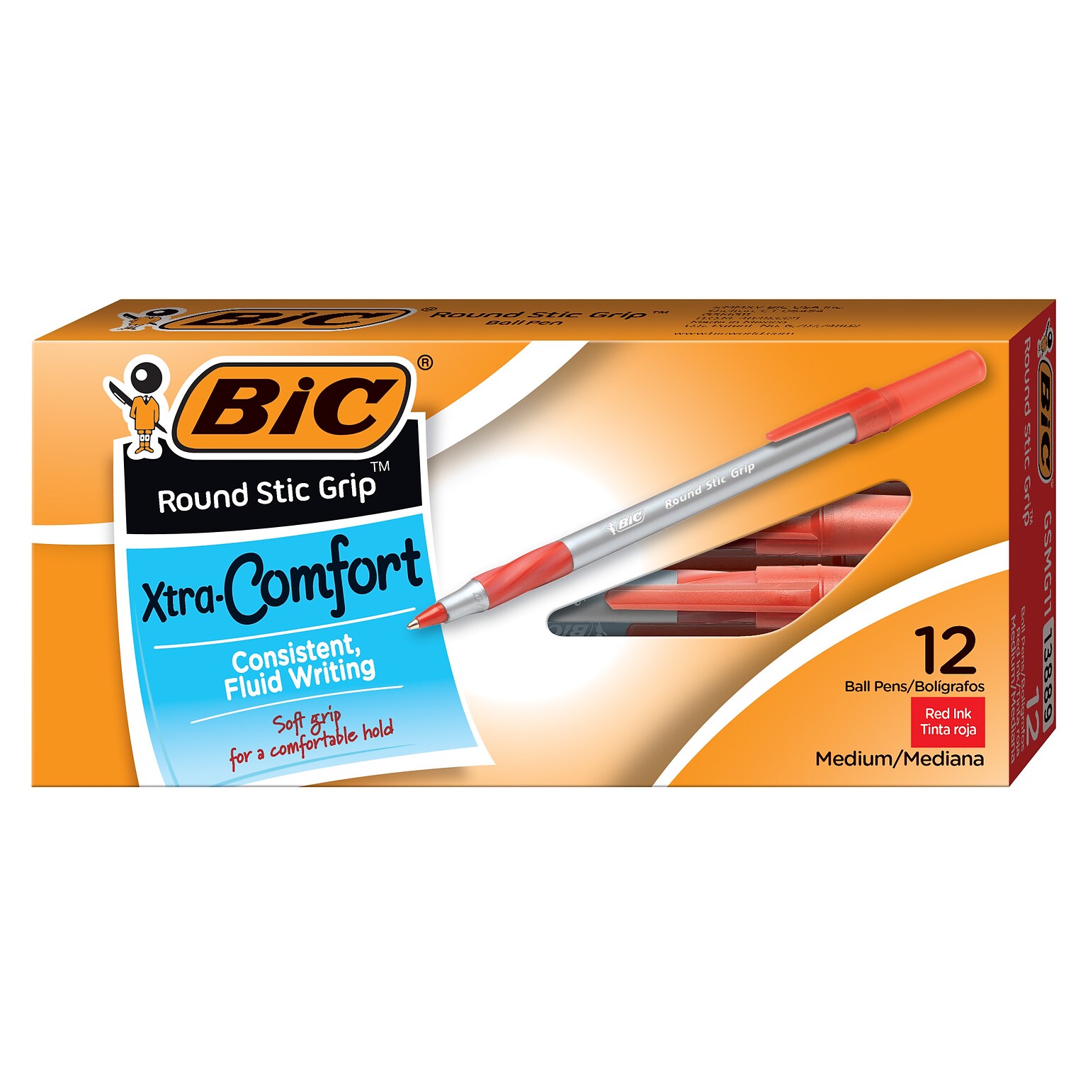 BIC Round Stic Grip Xtra Comfort Ballpoint Pens, Medium Point, Red Ink, Dozen (13889)