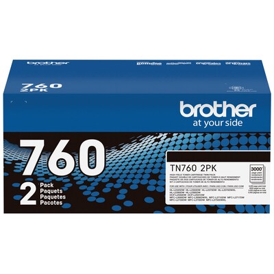 Brother TN 760 Black High Yield Toner Cartridge, 2/Pack (TN7602PK)