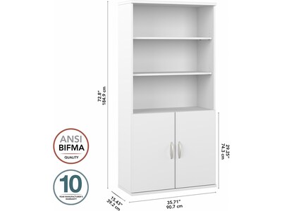 Bush Business Furniture Hybrid 73"H 5-Shelf Bookcase with Doors, White Laminated Wood (HYB024WH)