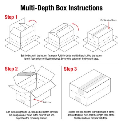 SI Products 20" x 20" x 12" Multi-Depth Shipping Boxes, 200#/ECT-32 Mullen Rated Corrugated, Pack of 15, (MD202012)