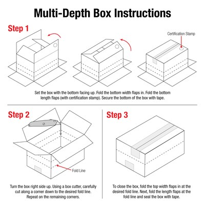 SI Products 24" x 24" x 12" Multi-Depth Shipping Boxes, 200#/ECT-32 Mullen Rated Corrugated, Pack of 10, (MD242412)