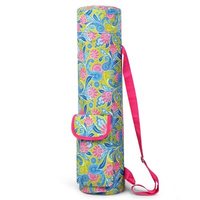 Zodaca Lightweight Durable Full-Zip Yoga Mat Gym Sports Bag with Pocket & Adjustable Shoulder Strap - Green/Pink Paisley