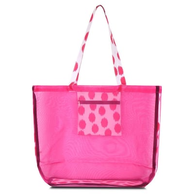 Zodaca Waterproof Beach Mesh Picnic HandBag Shoulder Tote Carry Bag for Shopping Outdoor Activity - Pink Dots with Black Trim