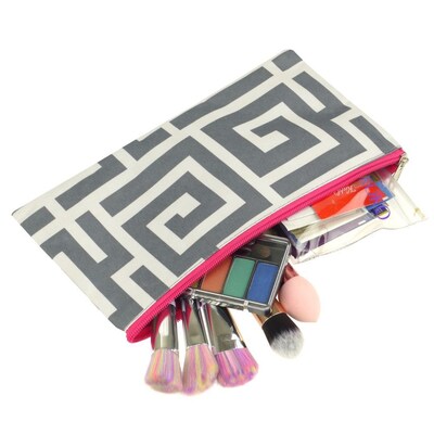 Zodaca Pencil Case Toiletry Holder Cosmetic Bag Travel Makeup Zip Storage Organizer - Greek Key Gray Pink