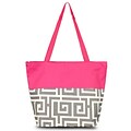 Zodaca Large All Purpose Handbag Travel Shopping Zipper Carry Tote Shoulder Bag - Gray Greek Key with Pink Trim