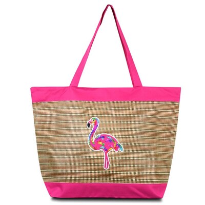 Zodaca lightweight Large Beach Handbag Zip Top Closure Carry Tote Shoulder Bag for Travel Outgoing - Pink Flamingo