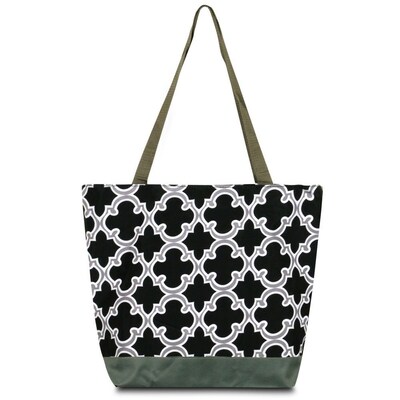 Zodaca Large All Purpose Lightweight Handbag Shopping Travel Tote Carry Shoulder Zipper Bag - Black Quatrefoil