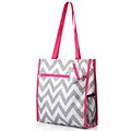 Zodaca Lightweight All Purpose Handbag Zipper Carry Tote Shoulder Bag for Travel Shopping - Gray/White Chevron/Pink Trim