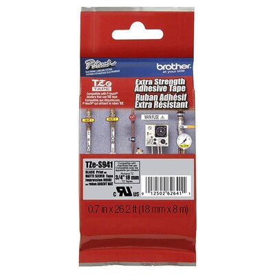 Brother TZES941 18mm (3/4) Black on Matte Silver Extra Strength Super Adhesive Industrial Tape