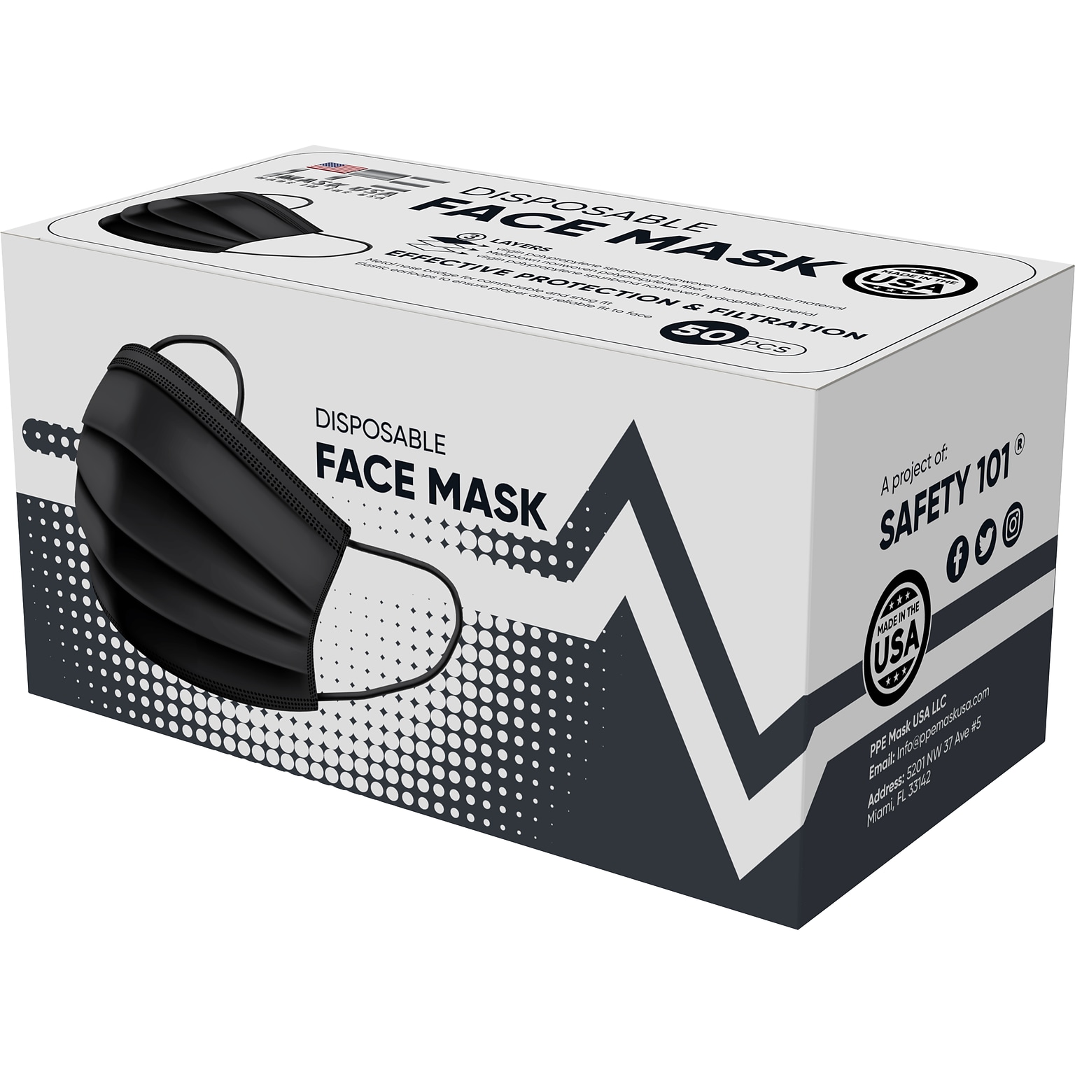 PPE Mask USA Disposable Surgical Face Mask, 3-Ply, Adult, Black, 50/Box (SMN200057)