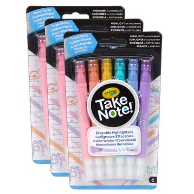 Crayola Take Note Erasable Highlighters, Chisel Tip, Pastel Party, 6 Per Pack, 3 Packs (BIN586556-3)