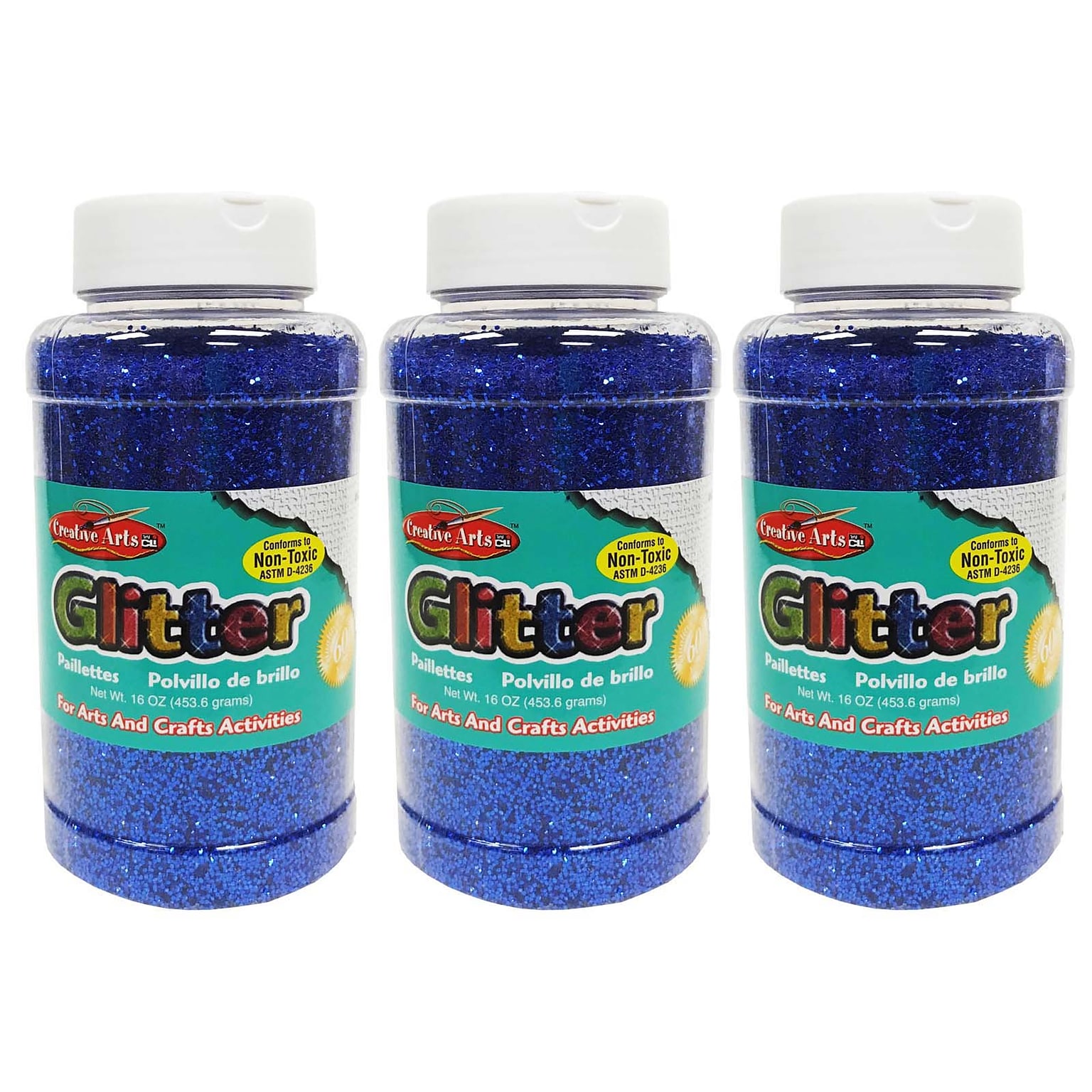 Charles Leonard Creative Arts Glitter, Blue, Pack of 3 (1 lb) Bottles (CHL41115-3)