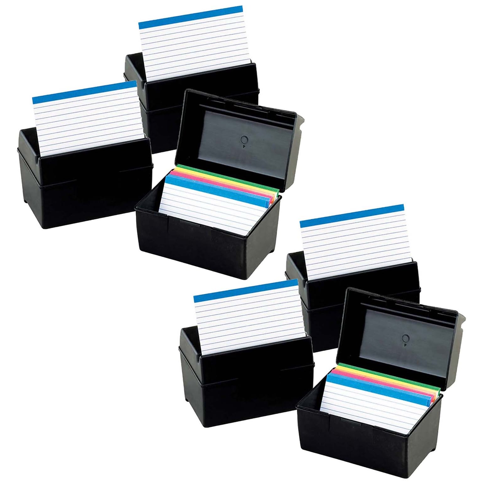 Oxford® 3 x 5 Plastic Index Boxes, 300 Cards Capacity, Black, Pack of 6 (ESS01351-6)